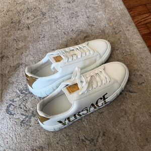 Mens Versace Greca Logo White Leather Sneakers with Gold Heel Tab 14US/47EU
